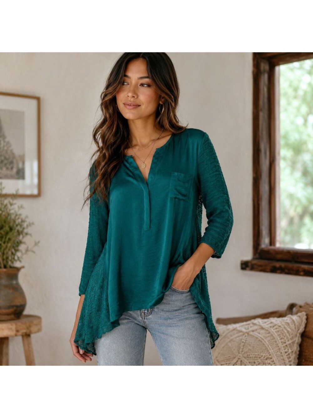 Emerald Green Crochet Lace Back Tunic Top Sz M Whimsigoth Mixed Media Artsy Lace